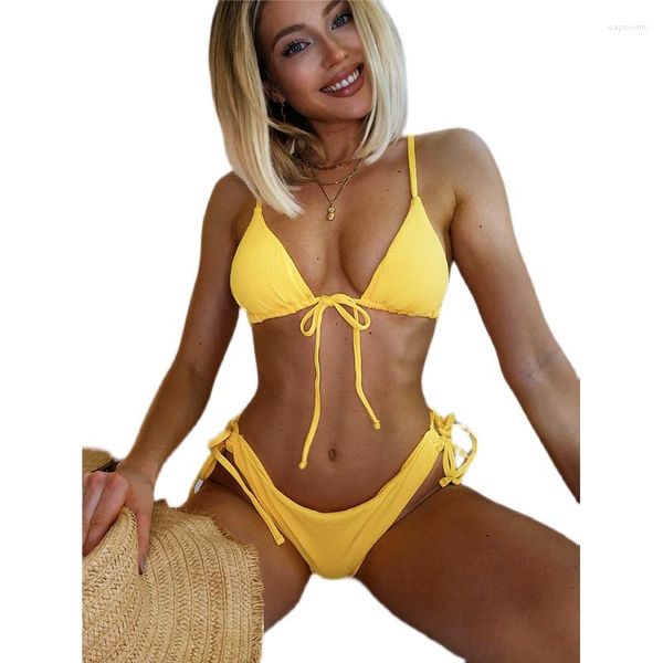 Roupa de banho feminina cintura alta 2023 sexy biquíni com nervuras maiô sólido amarelo biquini bandagem beachwear