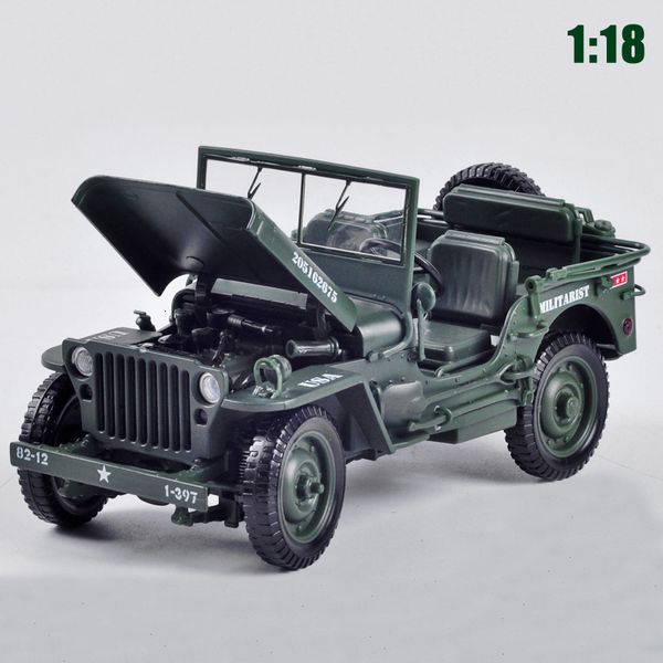 Modelo de carro fundido 1/18 Modelo militar tático da Segunda Guerra Mundial Willis GP Modelo de carro de liga militar para crianças brinquedos presentes meninos veículos 230829