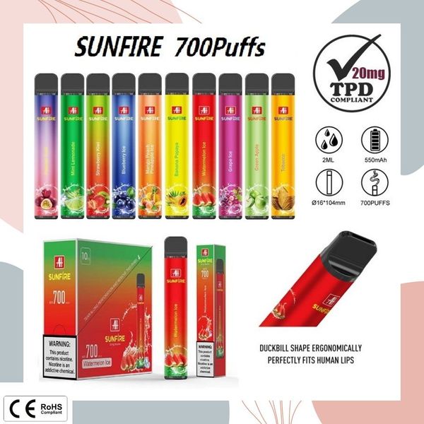 Factory Prezzo all'ingrosso Sunfire 600 700 sbuffi 2,0 ml e liquido TPD certificato 0% 2% 3% 5% nic vape pods monouso e sigaretta usa e getta con batteria da 550 mAh Spagna Francia Paesi Bassi Paesi Bassi