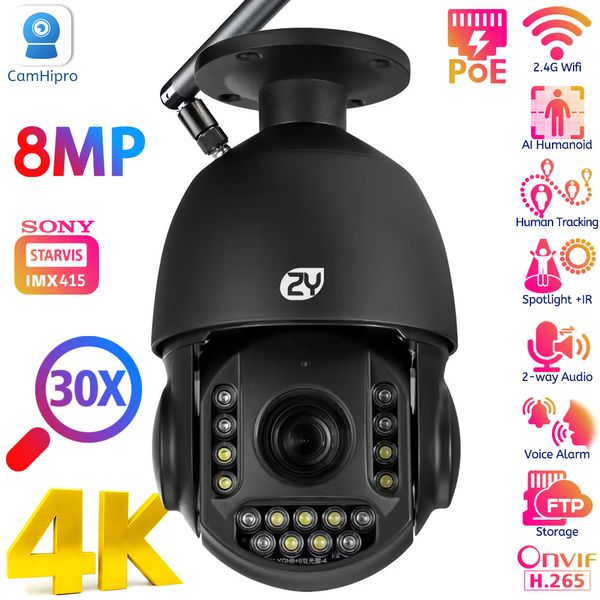 Telecamere IP 4K 8MP 30X Zoom Wifi Sorveglianza Montaggio a soffitto esterno Monitoraggio automatico Speed Dome PTZ Telecamera PoE per visione notturna a colori 230830