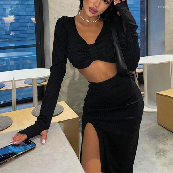 Lässige Kleider 2023 Mode Sexy Lange Ärmel Crop Top Hohe Taille Seitenschlitz Röcke Elegante Schwarze Damen Streetwear Zwei Stücke Sets 28001