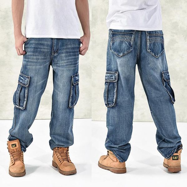 Jeans masculinos 2023 tamanho grande 30-44 46 moda solta grandes bolsos hip-hop skate casual homens denim azul preto marca de design