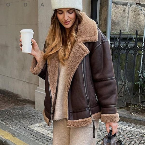 Women's Fur 2023 Frauen Faux Leder Übergroße Jacke Mantel Mode Winter Verdicken Warme Vintage Lange Hülse Weibliche Oberbekleidung Chic Tops