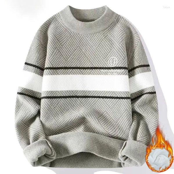 Erkek Sweaters Mink Peluş Peluş Kalın Sıcak Sweater Sonbahar Kış Yuvarlak Boyun Örme Kontrast Renk Eklenmiş Jacquard Erkek Külle