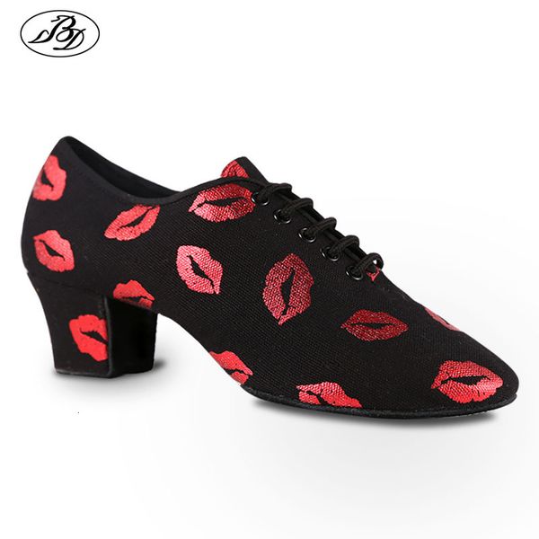 Botas sapatos de dança mulheres latina lábio impressão trainning divisão reta sola lona senhora dança de salão 230829
