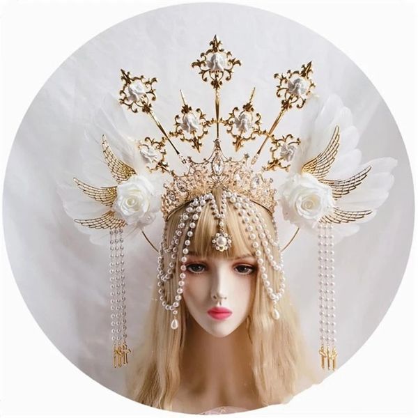 Lolita deusa traje kc bandana anjo ouro deusa headpiece virgem maria halo noiva coroa grânulo corrente barroco tiara headwear