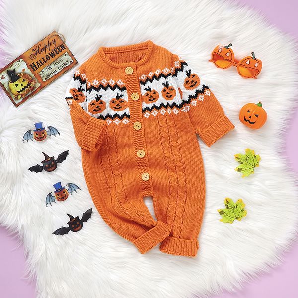 Cosplay Baby Halloween Pagliaccetti Vestiti 0 18m Inverno Arancione Manica lunga nato Neonato Ragazzi Ragazze Zucca Tute in maglia Outfit 230829