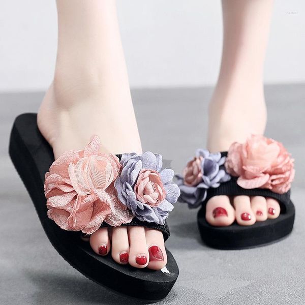 Hausschuhe Blumen Frauen Plattform Schuhe Sommer Keile Frische 2023 Koreanische Strand Flip-Flops Anti-skid Süße Mädchen Gleitet Casual