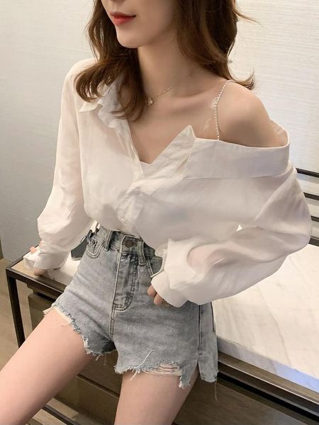 Женская блузкая корейская мода с плечами пуговица белая рубашка дизайнер кифон молодость сексуальная блузя с длинным рукавом топ красивой 2023 тренд
