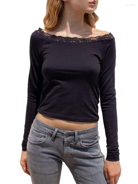 Kadın Tişörtleri Kadın Y2K mahsul üst uzun kollu tekne boyun dantel trim vintage ince fit sonbahar fanila estetik sokak kıyafetleri