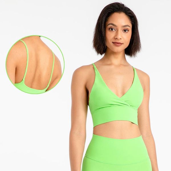 Conjunto ABS LOLI V Neck Cruz Warp Sports Bra Mulheres Equipado Camisola Construída Em Sutiã Sexy Backless Spaghetti Strap Crop Top Para Yoga Fitness