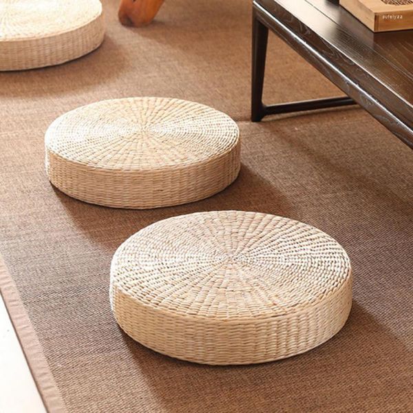 Kissen 40 x 10 cm, Naturstroh, rund, Pouf, Tatami-Webart, handgefertigt, Boden im japanischen Stil, mit Seidenwatte, Textil