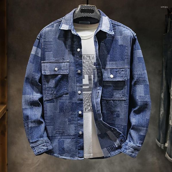 Мужские повседневные рубашки осенняя модная панель джинсовая рубашка японское пальто мужчина простая свободная винтажная джинсовая куртка уличная одежда плюс размер 5xl
