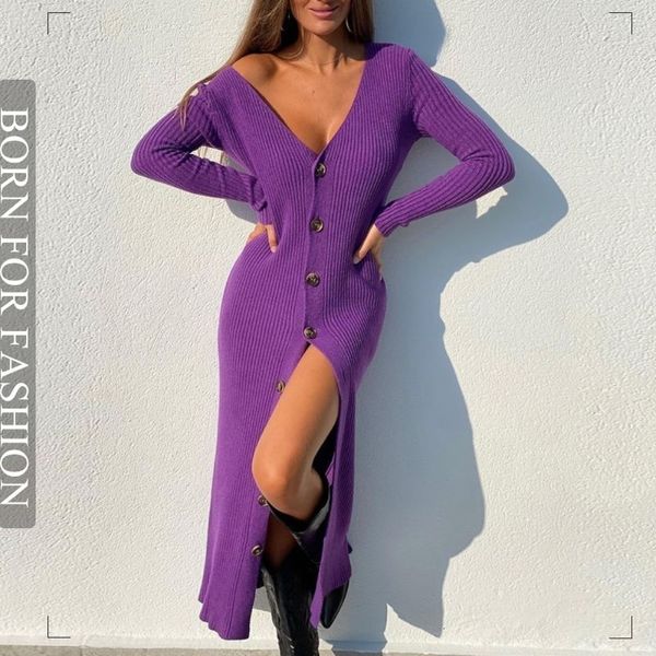 Vestidos casuais básicos de malha cardigan temperamento fino ajuste longo camisola vestido 2023 outono manga v pescoço único breasted robe elegante chip 230830