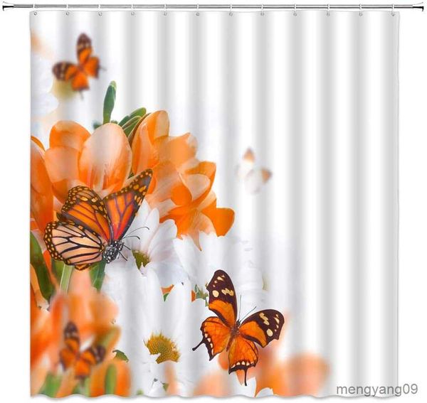 Duschvorhänge Blumen Schmetterling Duschvorhänge Weiß Orange Schöne Kreativität Badezimmer Dekor Stoff Bad Hängende Vorhang-Sets mit R230831