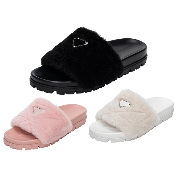 Autumn and Winter Designer Triangle Logo Fur Slippers Luxury fuzzy Slides Home Furry Flat Sandals prad Female Cute Fluffy flip flop slippers for women size 36-42