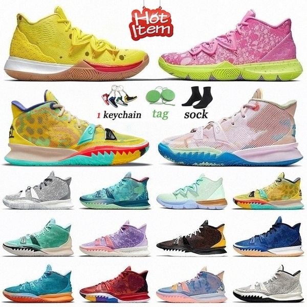 Kyrie 5 7 Bob Esponja Calça Quadrada Patrick 1 Mundo 1 Pessoas Amarelo Rosa Visions Ky-D Weatherman Concepts Copa Branco Preto Raygun Azul Pálido Marfim Tênis de basquete