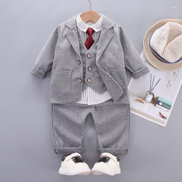 Set di abbigliamento Primavera e autunno Set da uomo a maniche lunghe a righe per bambini Set da cravatta per ragazzo Pantaloni Abito da banchetto in quattro pezzi