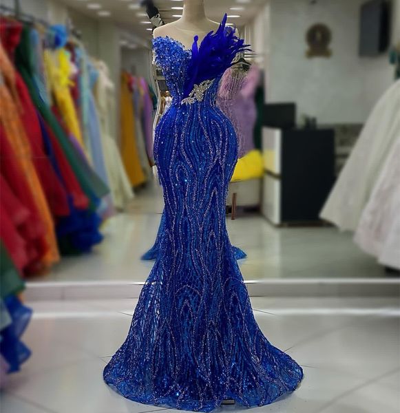 Ebi Arabic Aso Sereia Rima Real Blue Prom Cristais de Laca Laca Evening Festa formal Festa Segunda recepção Vestidos de noivado de aniversário Vestidos Robe de Soiree es