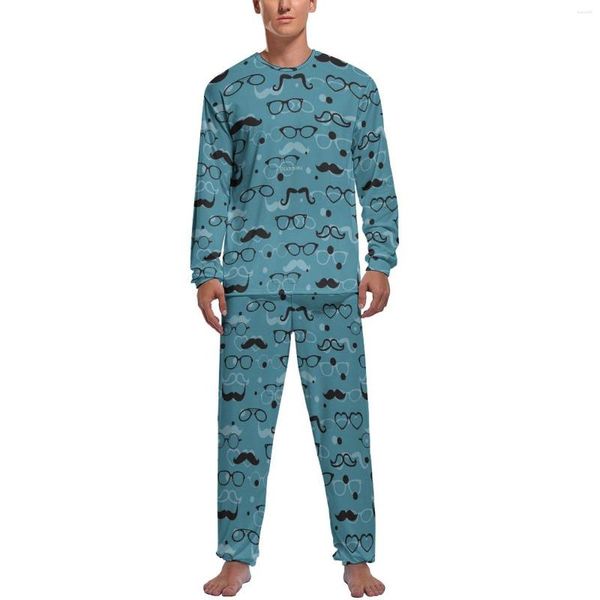 Pijamas masculinos óculos impressão pijamas inverno 2 peças elementos hipster elegante conjuntos de pijama masculino mangas compridas lazer personalizado