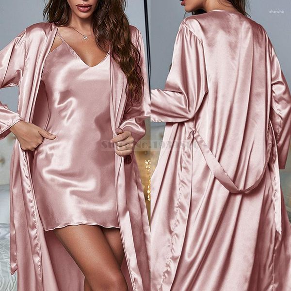 Kadınların Sweetwear Seksi Twinset Robe Set Kadınlar Nightgown Uzun Kimono Batrobe elbisesi gevşek gündelik ipek saten ev iç çamaşırı