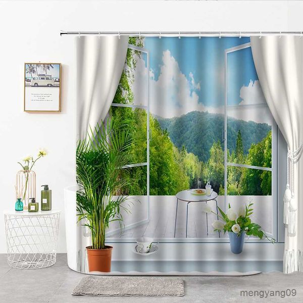 Duschvorhänge, grüner Wald, natürliche Landschaft, Duschvorhänge außerhalb des Fensters, Landhausstil, Dekorvorhang für Bad, Frühling, Sommer, Herbst, R230831