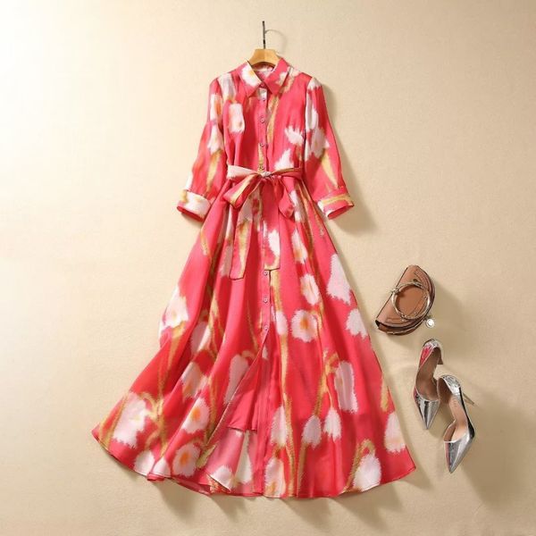 Осеннее многоцветное платье с цветочным принтом 3/4 кнопки шейки для шейки