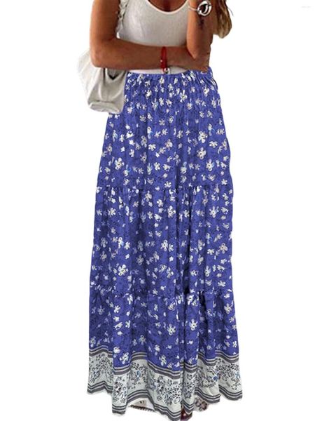 Saias Mulheres Floral Print Maxi Saia Com Bainha Ruffled E Cintura Alta Elástica - Elegante Bohemian A-Line Longo Para Praias