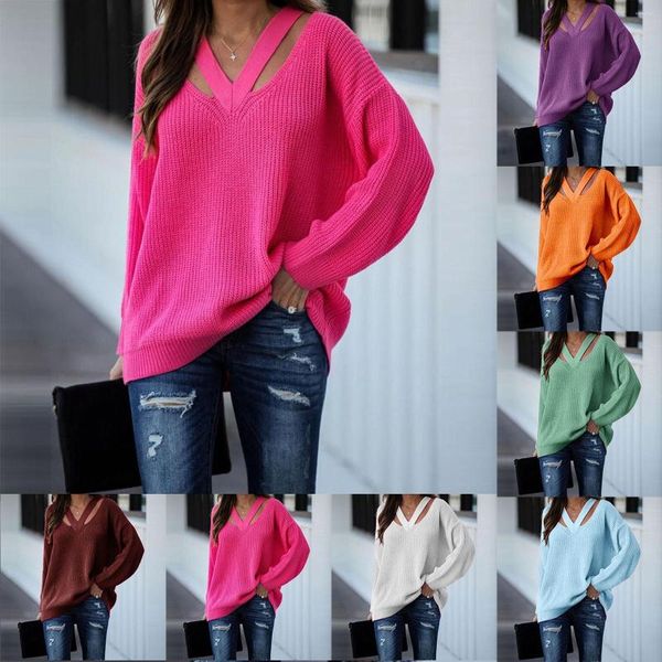 Camisolas femininas Mulheres V Neck Oversized Fall Sweater Sexy Manga Longa Malha Pulôver Roupas Para Mulheres Homens Inverno Moletom