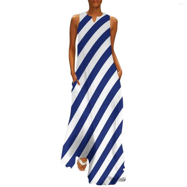 Sıradan Elbiseler lacivert Beyaz Deniz Elbise Diagonal Stripes Zarif Maxi Street Giyim Uzun V Boyun Özel Büyük Boy Vestido