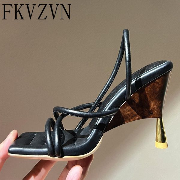 Sandalen Holz Heels Echtes Leder Sexy Peep Toe Schuhe Frau Slip Auf Slingbacks Schwarz Schlank Gürtel Mujer 230830