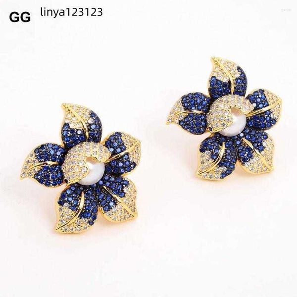 Серьги с свиньями Guaiguai Jewelry Cz Pave Pearl White Yellow Gold Color Plant Flower for Women Gift