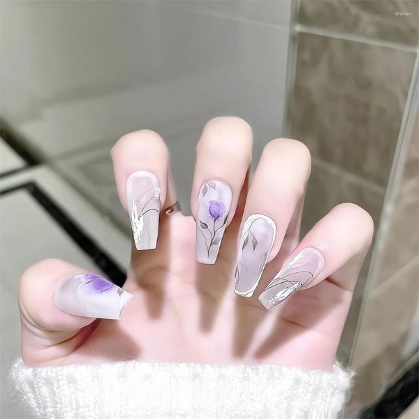 Unghie finte manicure viola dal design unico artificiale a pressione per principianti di nail art