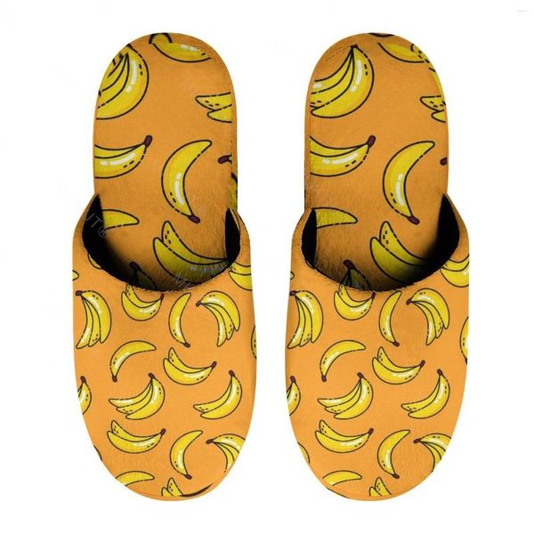 Chinelos padrão de banana (3) algodão quente para homens mulheres grossas solas macias antiderrapantes sapatos fofos casa interior couro