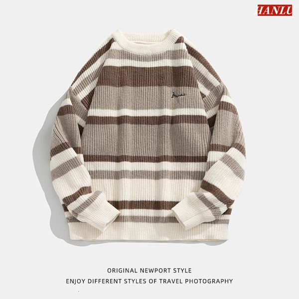 Erkekler Sweaters Sonbahar Kış Men Stripe Nakış Örgü Külot Koreli Moda Sokak Giyim Kazak Erkek 230830