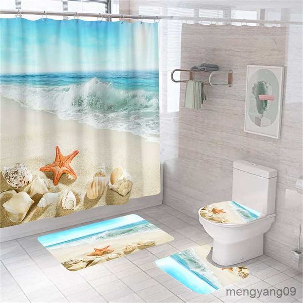 Tende da doccia Stampa Conchiglia Stelle marine Tende da doccia Ocean Beach Nuovo tappetino da bagno Set Tenda da bagno impermeabile Tappeti antiscivolo R230830