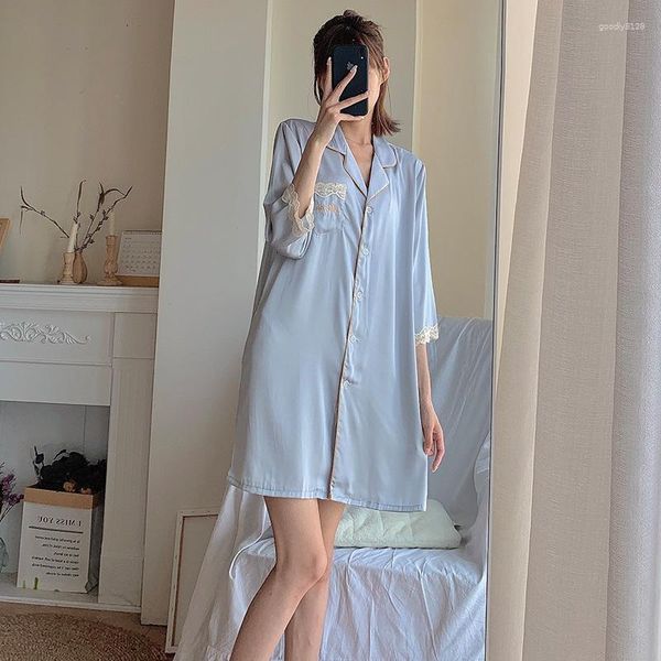 Mulheres sleepwear solto mulheres rayon camisola joelho-comprimento laço floral guarnição nightdress tamanho grande verão lingerie sleepshirts saia casa