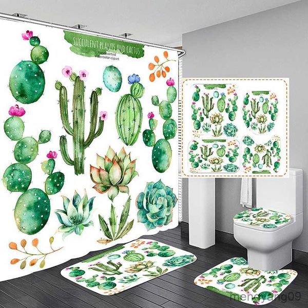 Cortinas de chuveiro tropical verde planta folha cactus cortina de chuveiro conjunto cortina de banheiro anti-deslizamento tapete de banho conjunto tapetes decoração de casa r230831
