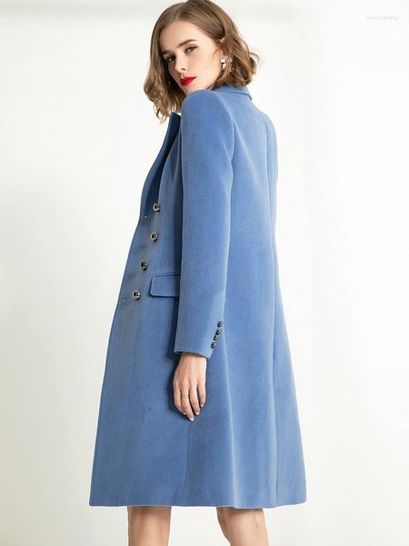 Trench da donna Cappotto di lana blu foschia di media lunghezza 2023 Temperamento autunno/inverno