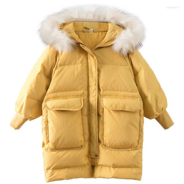 Вниз пальто детское зимнее пиджак девочки желтые дети подростки Длинная розовая одежда искусственная шерсть воротнич
