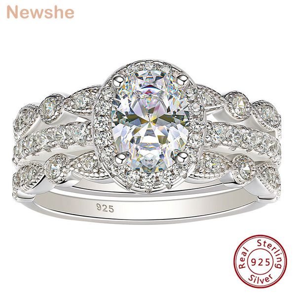 Eheringe she 3 Stück 925 Sterling Silber Oval Verlobungsring Brautset für Frauen AAAAA CZ Art Deco Bänder Romantischer Schmuck 230830