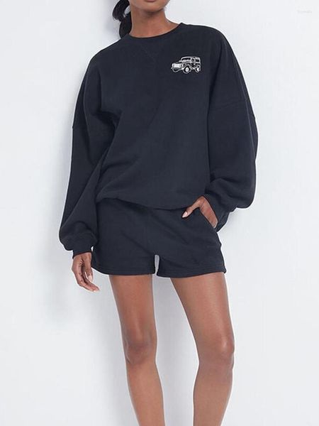 Damen-Trainingsanzüge, Damen-Frühlings-2-teiliges Outfit, Cartoon-Auto-Druck, Langarm-Sweatshirt, elastische Taille, lockere Shorts, Set, Sportkleidung