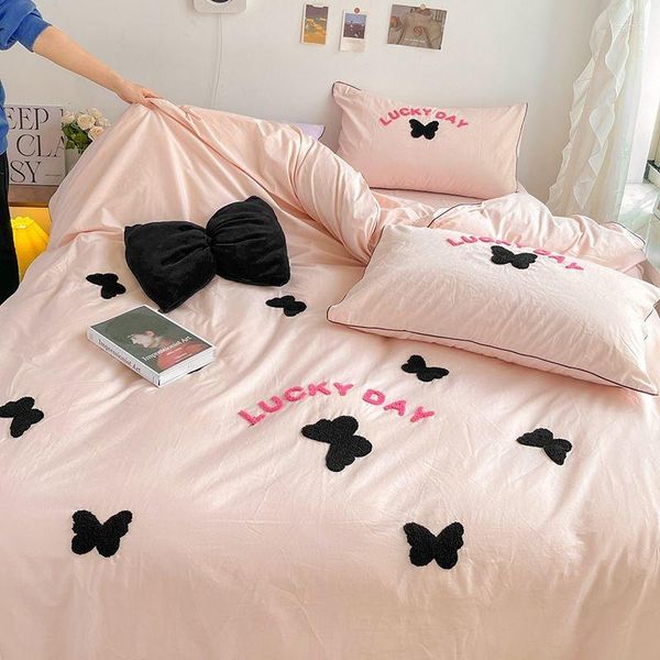 Conjuntos de cama Coreano Girls' Bed Set Ins Borboleta Bordado Capa de Edredão Lavado Algodão Quilt Folhas Cor Sólida Linho Quarto