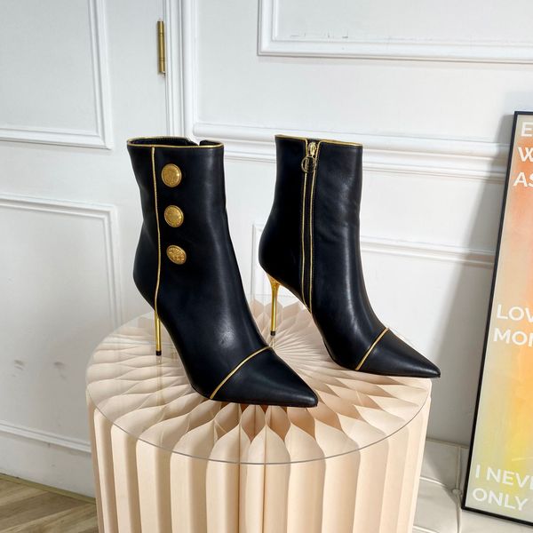 Top Qualit Button Boots Boots Заостренные ноги Stiletto Heels Zip Boonties alfskin Замшевая единственная женская роскошная дизайнерская платья свадебная вечеринка Factory Factory Размер 35-41