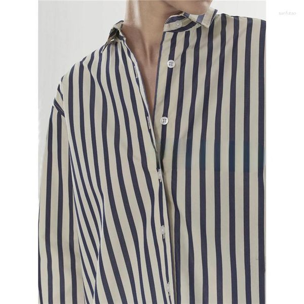 Camicetta da donna Camicia con colletto a bavero a maniche lunghe Silhouette in cotone sciolto davanti corto dietro Top classico da donna a righe