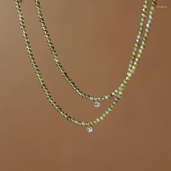 Collane con ciondolo Collana con zirconi verde oliva sfumato per donne Ragazze Regalo di gioielli con clavicola in acciaio al titanio color oro (GN868)