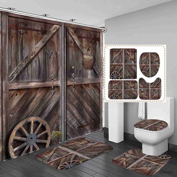 Cortinas de chuveiro rústica porta do celeiro cortina de chuveiro conjunto antiderrapante tapete de banho porta de madeira à prova dwaterproof água cortina de banheiro conjunto r230831