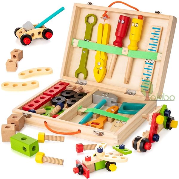 Strumenti Laboratorio Cassetta degli attrezzi in legno per bambini Giochi di finzione Set Giocattoli educativi Montessori Smontaggio dado Vite Assemblaggio Simulazione Riparazione Strumento da falegname 230830