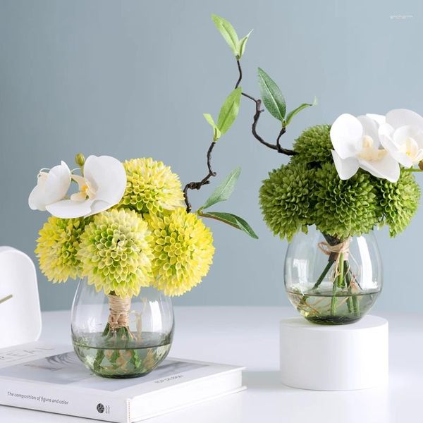 Fiori decorativi 3 opzioni di colore Farfalla Orchidea Vaso di vetro PU Set in vaso Piccoli bonsai artificiali Piante verdi Vaso Decorazioni per la casa di nozze