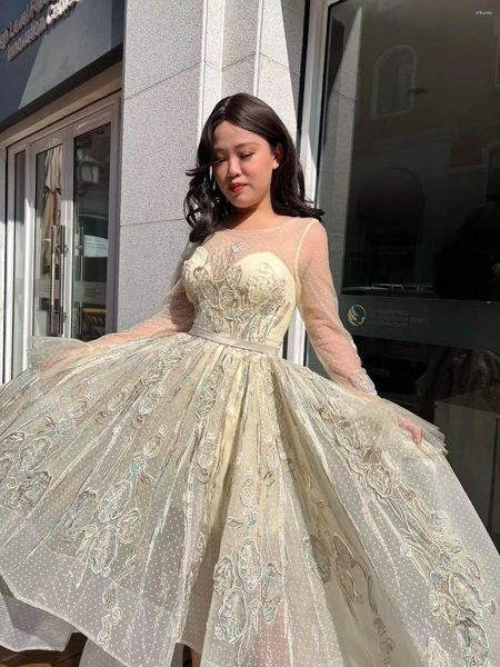 Abiti da festa Abiti con maniche lunghe ricamati dorati Abito da sera da donna di moda di lusso per le donne Matrimonio sexy Tulle